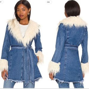 Denim Belted Coat with Cream Faux Fur Collar & Cuffs